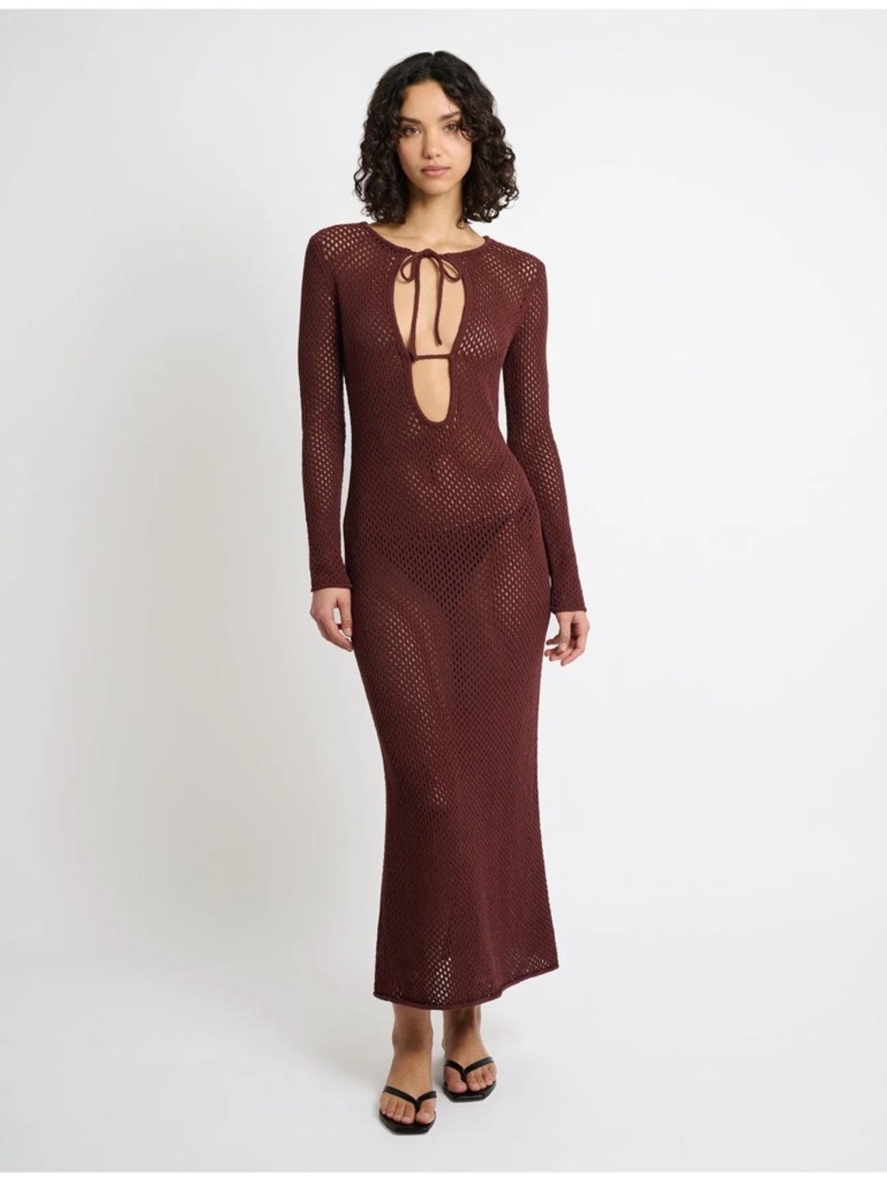 Onia Long-Sleeve Open-Knit Maxi Dress in Deep Wine